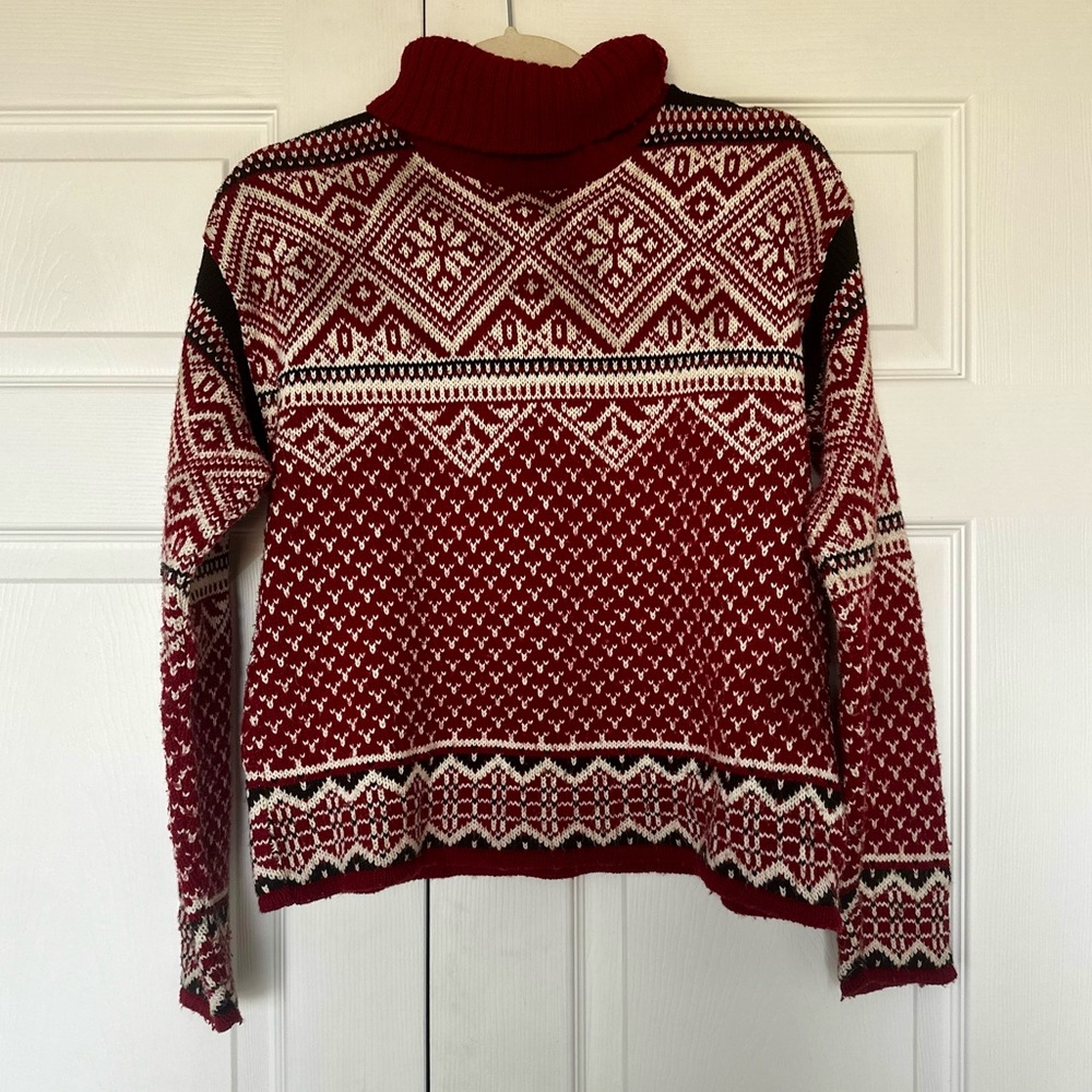 Vintage Fair Isle Festive Knit Holiday Red Turtleneck Sweater - Picture 2 of 4